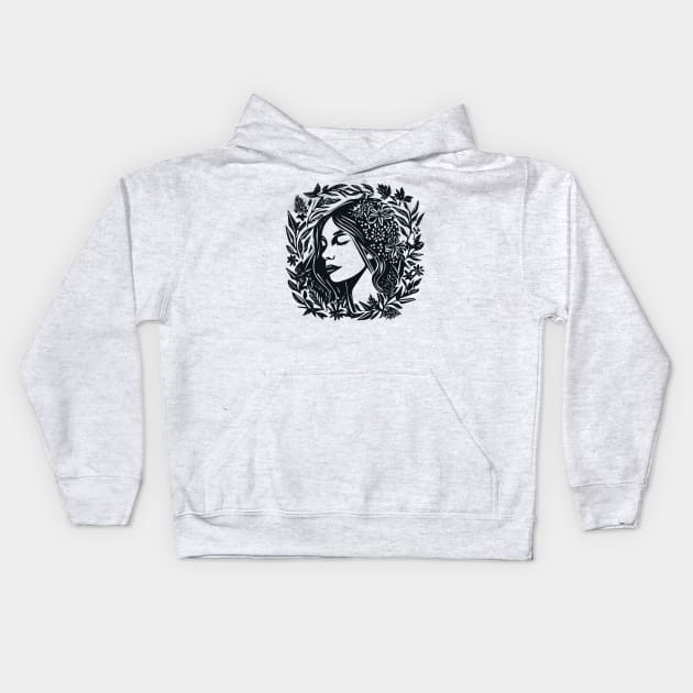 Linocut Woman Kids Hoodie by n23tees